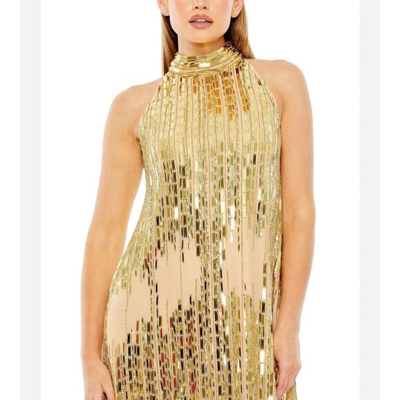 Mac Duggal High Neck Sleeveless Sequin Swing Mini Dress Nude Gold Size M NWT - Picture 3 of 13